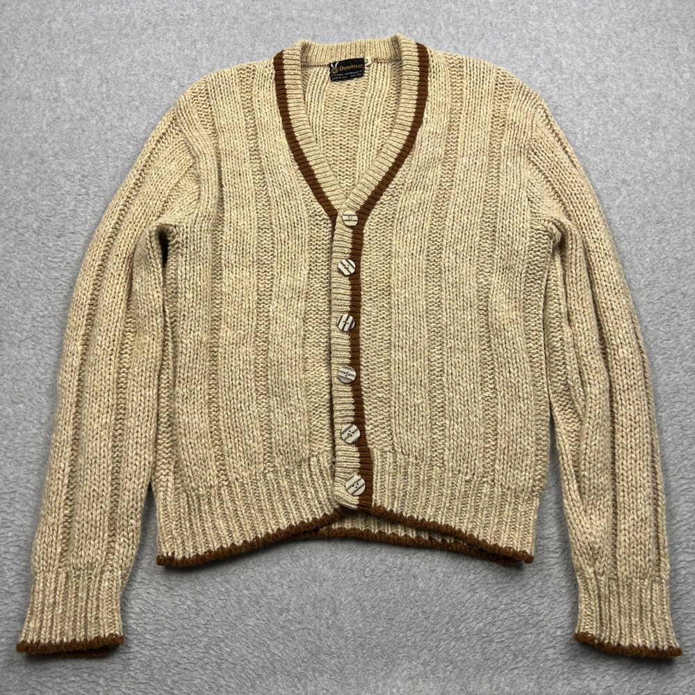 Diplomat Cardigan Mens Large Beige Ribbed Wool V-Neck Button Up Knit Sweater USA